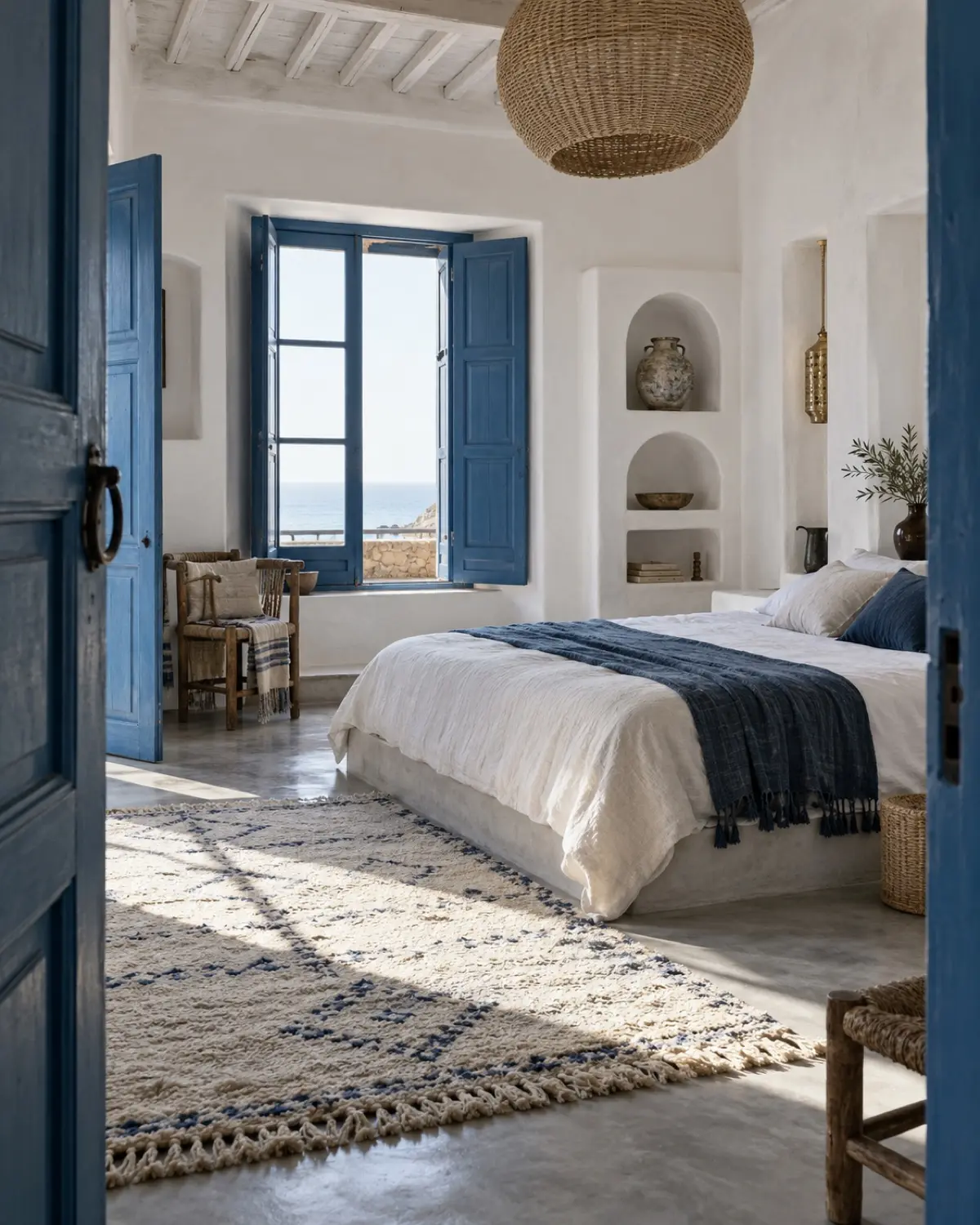 A guest suite with blue shutters and an indigo Berber rug