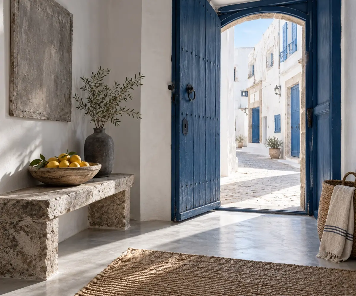The open blue entrance door of MONO onto a sunny white street