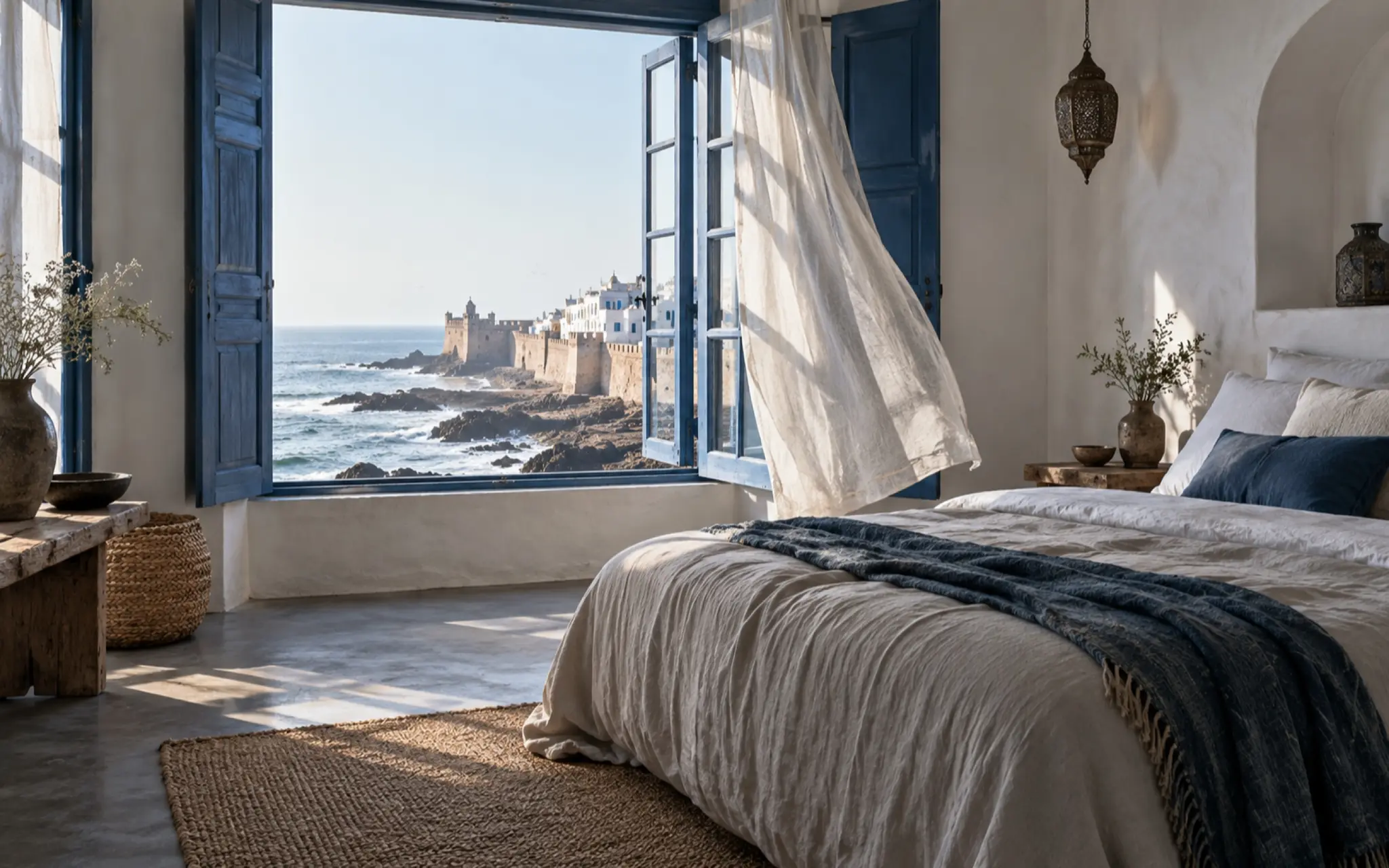 A white guest room at MONO with blue shutters open onto the Atlantic and the Skala ramparts