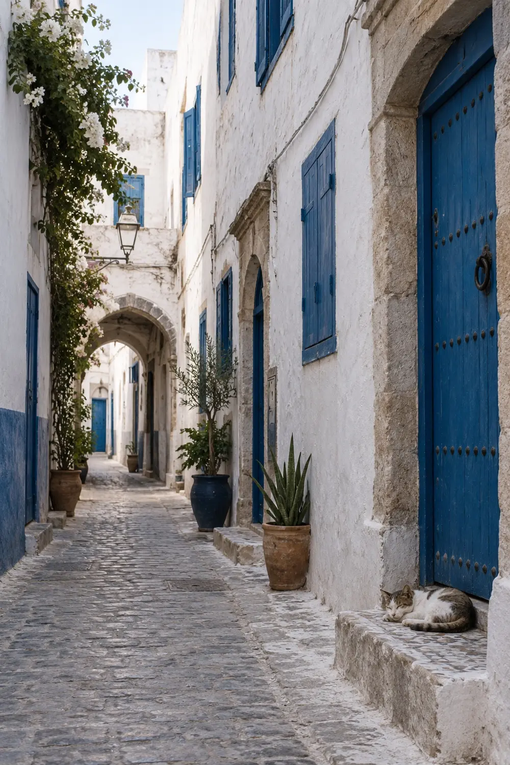 A white medina alley with blue doors and a sleeping cat