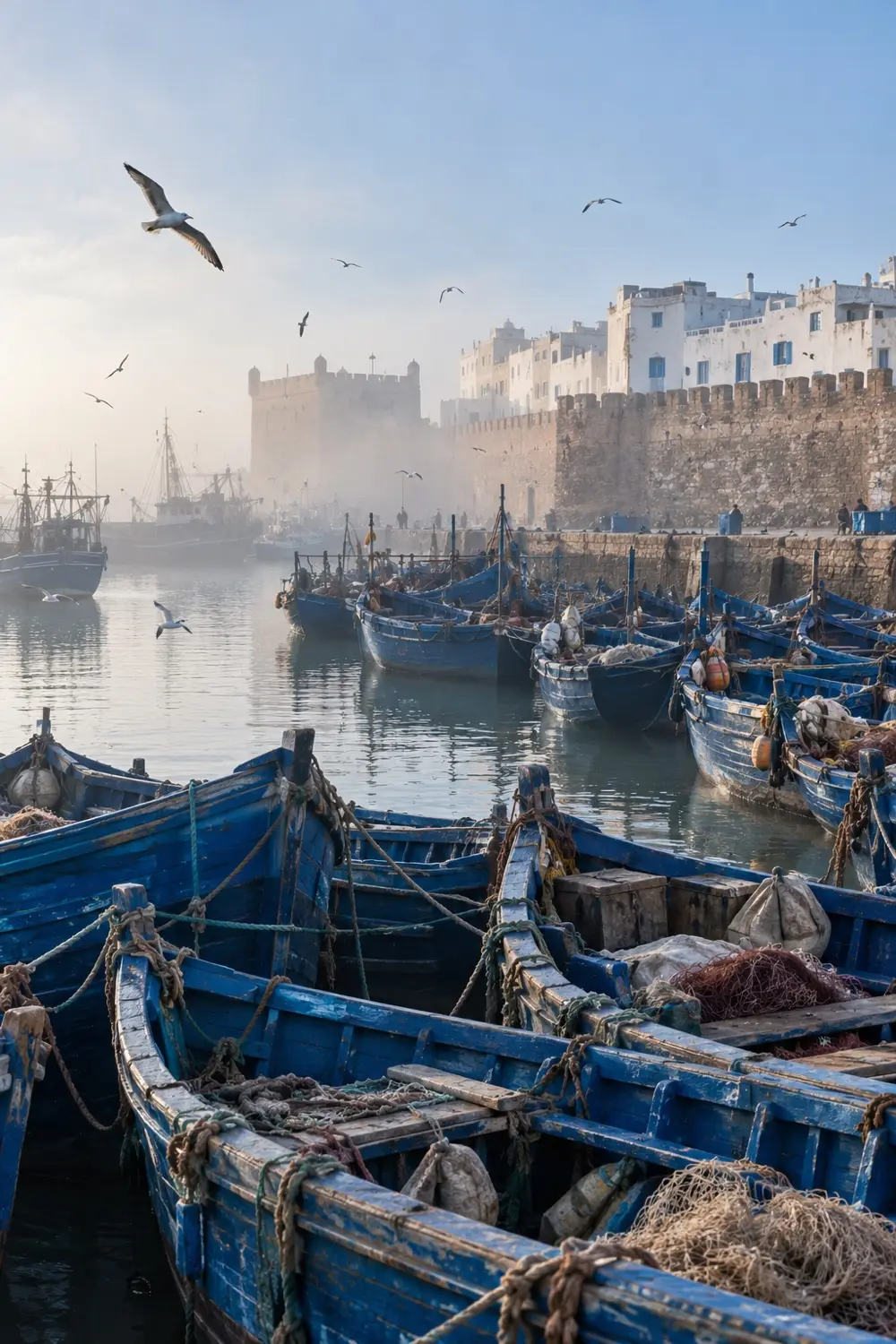 Blue fishing boats packed together in Essaouira port