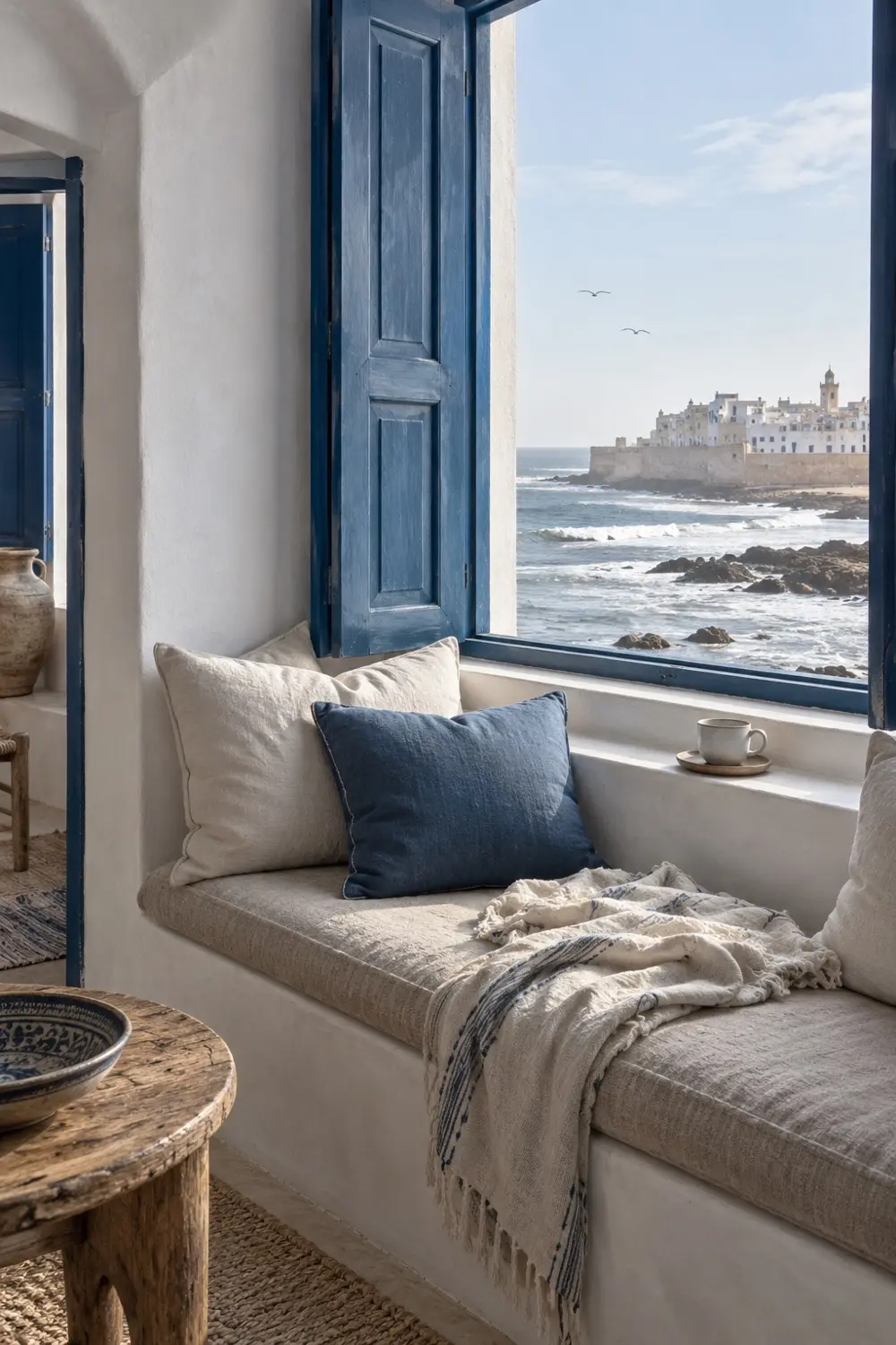 A window seat with linen cushions facing the ocean