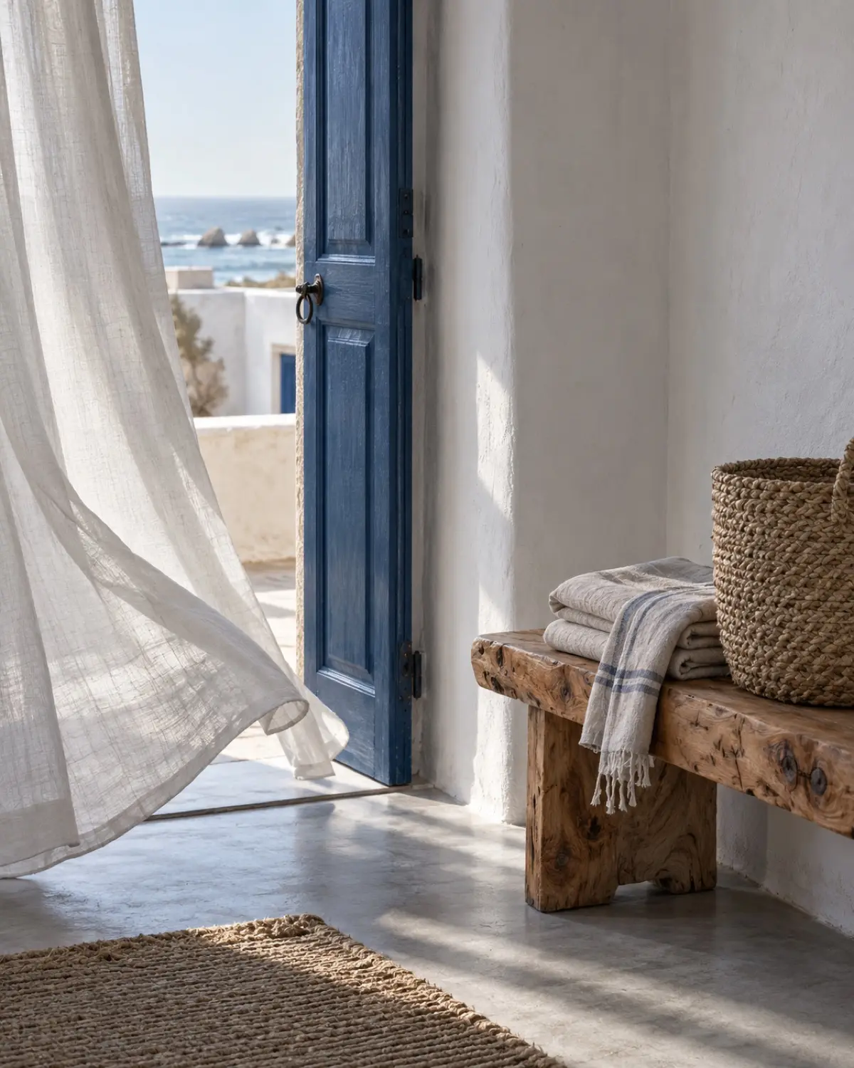 A blue door half open beside folded linen on a thuya-wood bench