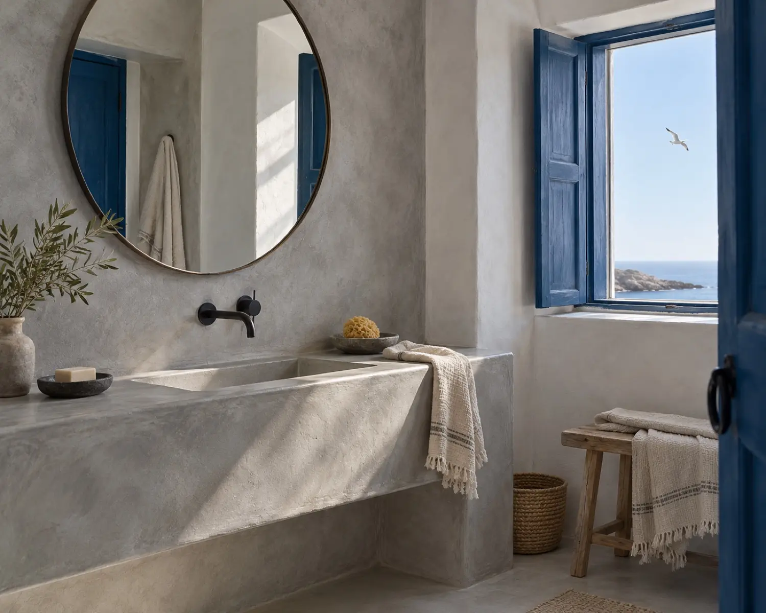 A grey tadelakt bathroom with a round mirror and a small window onto the sky