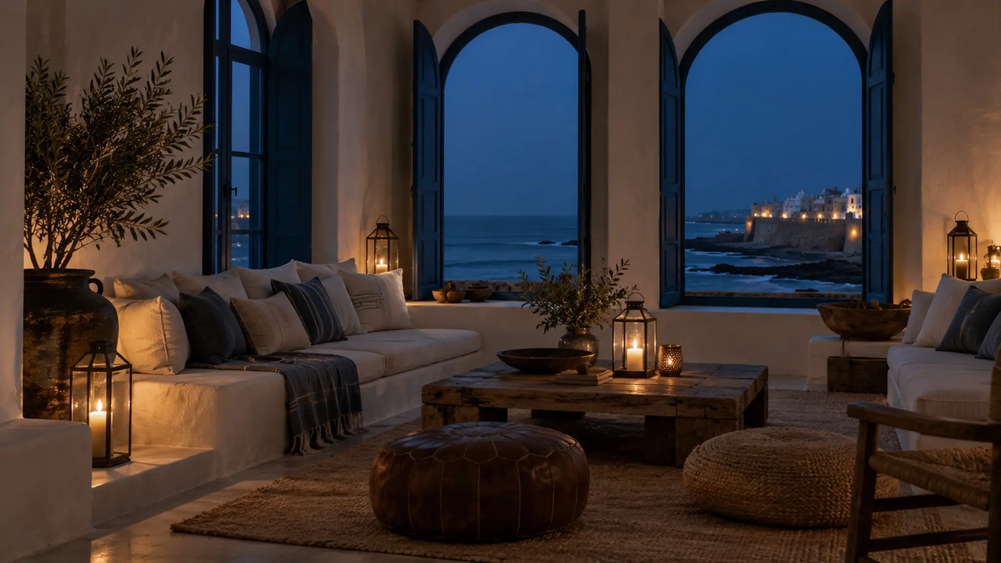 The lounge at night, lanterns lit, the sea beyond tall arched windows