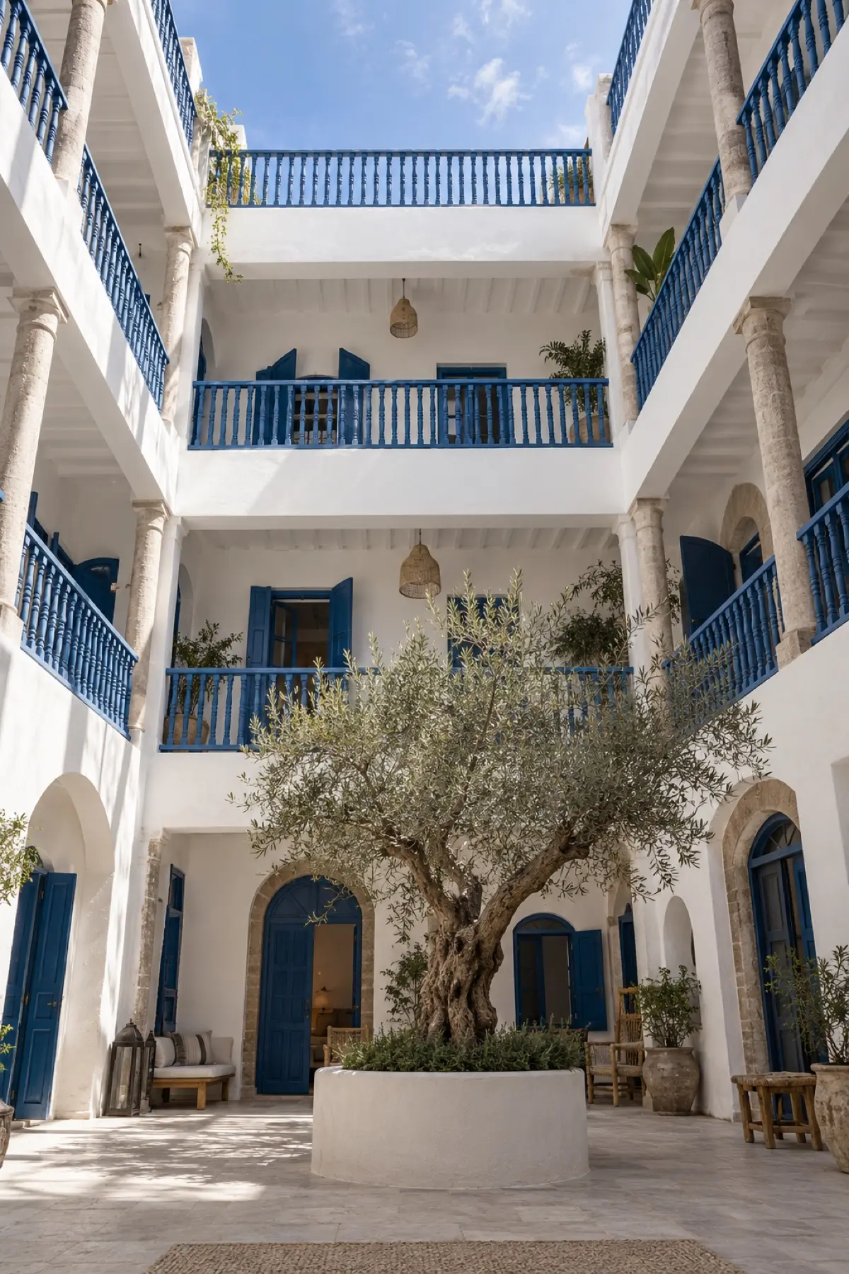 The white patio of MONO with blue balustrades and an olive tree