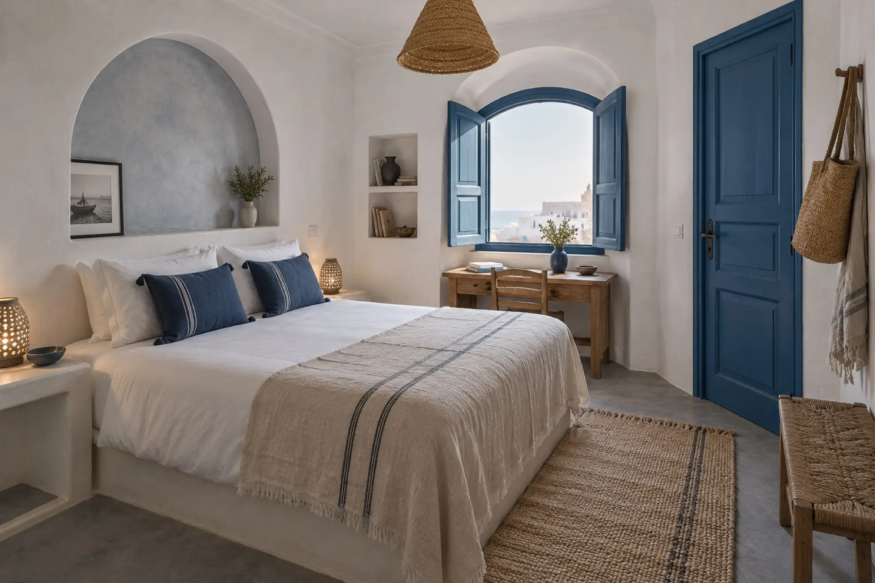 Mogador Room: A compact double with a desk under an arched window.