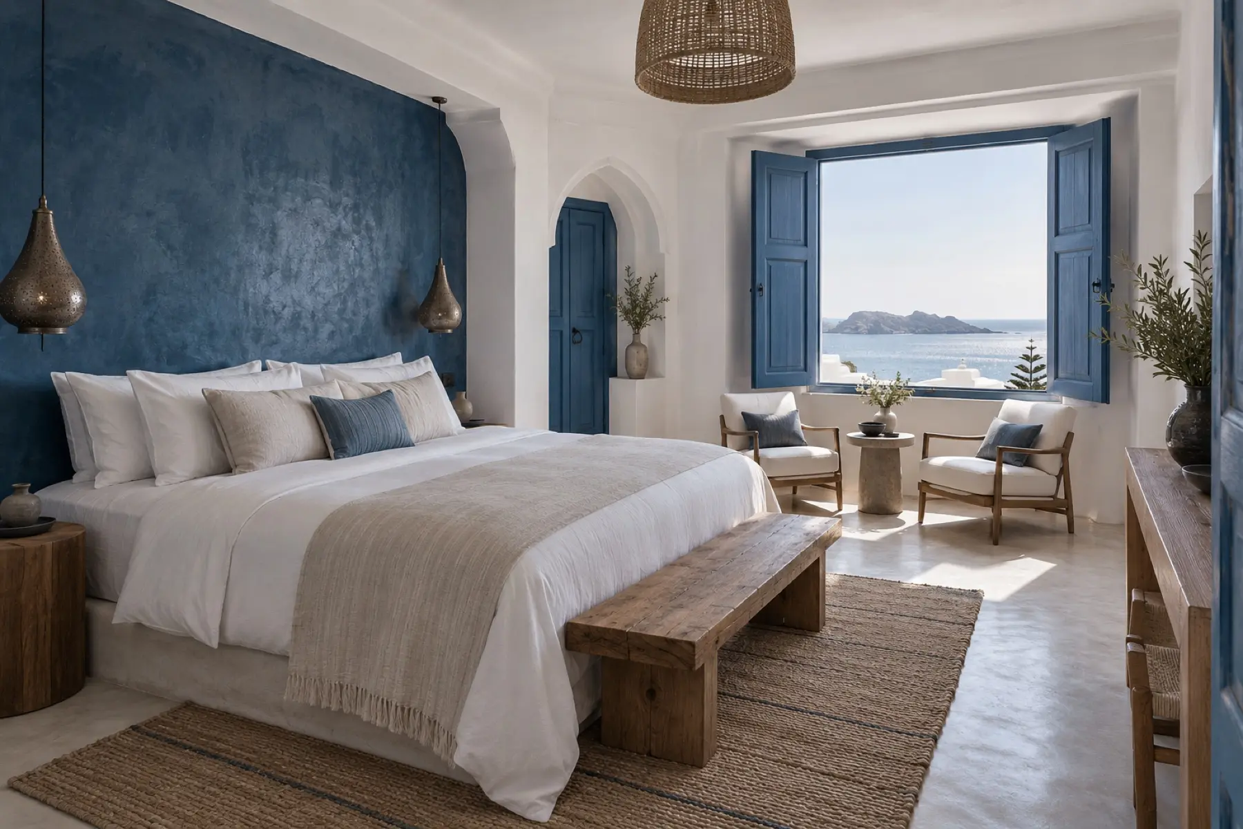 Purpura King: White room with one deep-blue lime-washed wall.