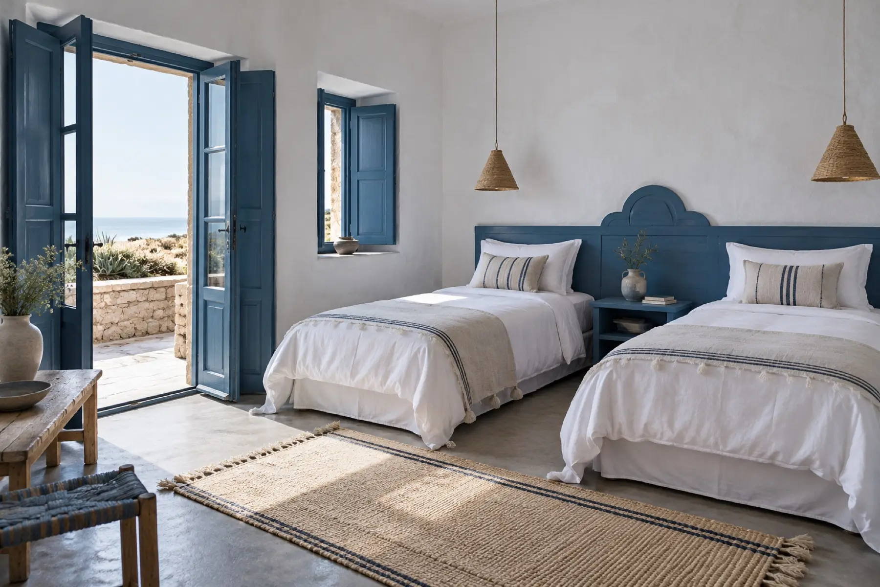 Sidi Kaouki Twin: Two single beds and a blue headboard, simple and bright.